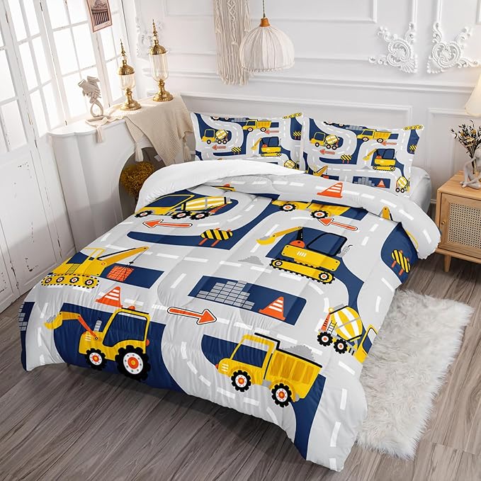 Axolotl Cartoon Excavator Bedding Set Twin,Tractor Truck Bedding Set,Boys Construction Bedding Set,Yellow Vehicles Truck Comforter Construction Site Decor for Kids Boys Teens,1 Quilt 2 Pillowcases