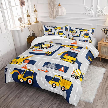 Axolotl Cartoon Excavator Bedding Set Twin,Tractor Truck Bedding Set,Boys Construction Bedding Set,Yellow Vehicles Truck Comforter Construction Site Decor for Kids Boys Teens,1 Quilt 2 Pillowcases