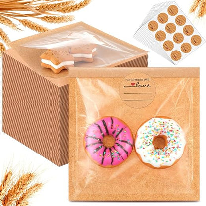 Outus 100 Pcs Cookie Packaging Bags with Seal, 4 x 4 Inch Bakery Pastry Bags with Window, Heat Sealable Grease Resistant Paper to Go Bake Sleeves for Gift Giving Donut Bread Sandwich (Brown)