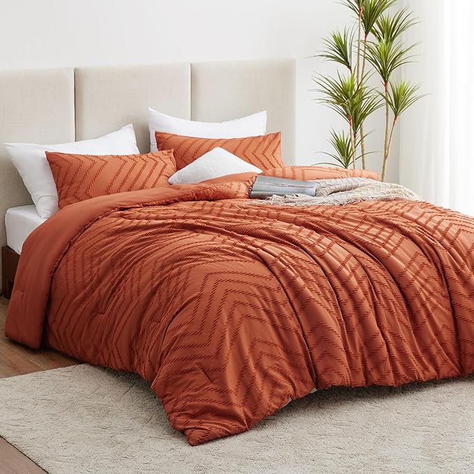 CozyLux King Size Comforter Set Burnt Orange - 3 Pieces Terracotta Boho Tufted Shabby Chic Bedding Comforter Set for All Seasons, Chevron Bedding Sets with Comforter & 2 Pillow Shams