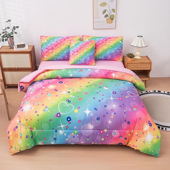 Girls Comforter Sets Queen, Girls Queen Rainbow Bedding, 6 Pcs Bed in a Bag Queen, Kids Princess Comforter Set for Girls(1Comforter, 1Flat Sheet, 1Fitted Sheet, 1 Pillow Cover, 2Pillowcases)