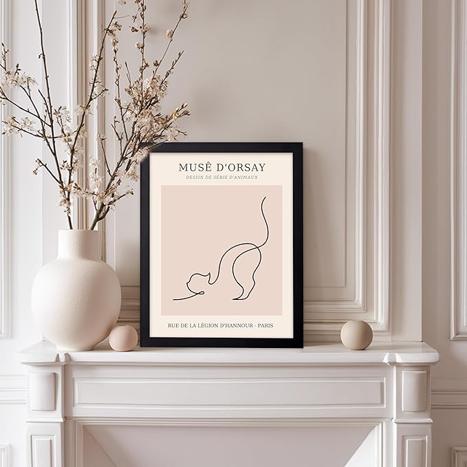 Poster Master Vintage Poster - Retro One Line Cat Drawing Print - Cat Art - Minimal Gift for Men, Women, Animal Lover - Abstract Wall Decor for Home, Office, Bedroom, 8x10 Black Framed