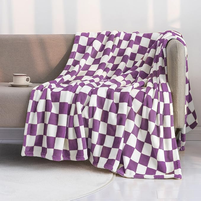 LOMAO Throw Blankets Flannel Blanket with Checkerboard Grid Pattern Soft Throw Blanket for Couch, Bed, Sofa Luxurious Warm and Cozy for All Seasons (Purple, 60"x80")