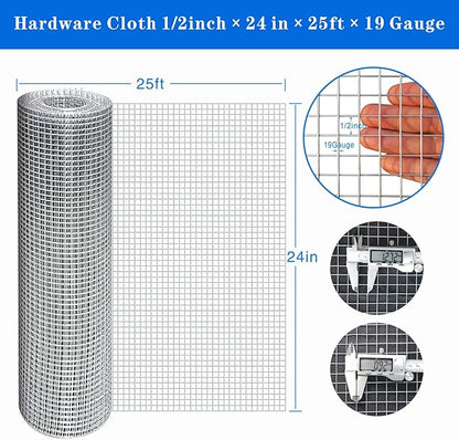 Hardware Cloth 1/2 inch 24 x25 ft 19 Gauge Chicken Wire Fencing Hot-Dip Galvanized Wire Mesh, Welded Cage Wire Rolls Great for Animal Enclosure Chicken Coop Flower Beds Rabbits Wire Fencing