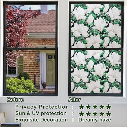 Window Privacy Film Stained Glass Decorative Static Clings Frosted Window Tint for Home Room Decor Bathroom Door Car Stickers with Glittering Effect, Removable(Magnolia Design)