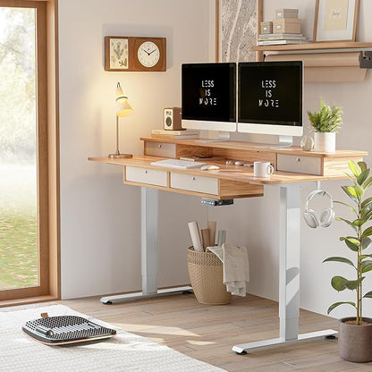 BANTI Height Adjustable Electric Standing Desk with 4 Drawers, 55 x 24 Inch Table with Storage Shelf, Sit Stand Desk, Light Rustic Brown Top