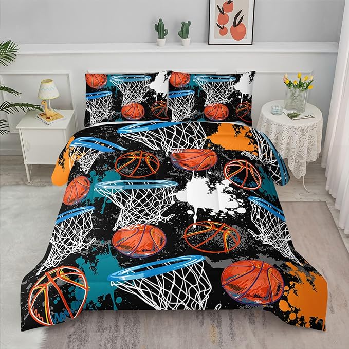 Axolotl Basketball Comforter Set Queen,Sports Comforter Set,Basketball Bedding Set,Sports Theme Comforter Set,Grunge Bedding Aesthetic Cool Style for Boys Kids Men,1 Quilt 2 Pillowcases,Black Blue