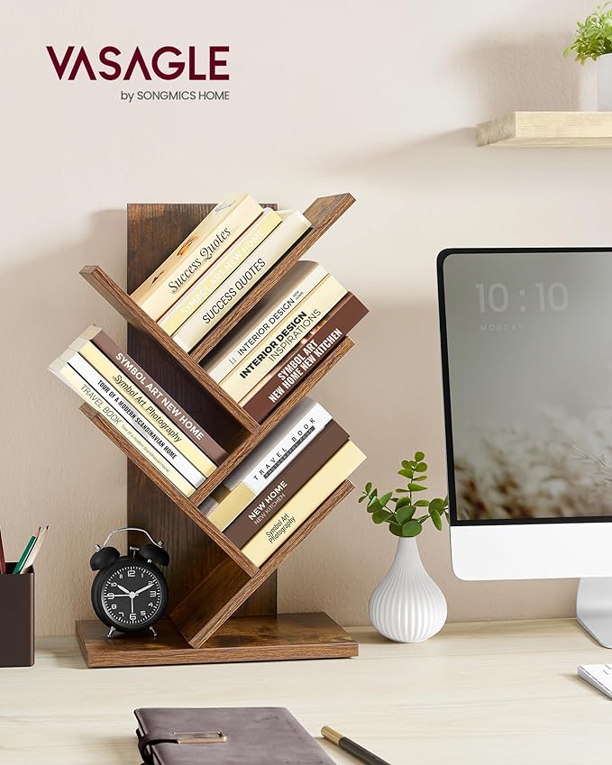 VASAGLE Tree Bookshelf, 5-Tier Bookcase, Small Bookshelf, Space-Saving Corner Shelf, Book Tree, Holds Books, CDs, Games, for Bedroom, Living Room, Home Office, Rustic Brown ULBC183X01