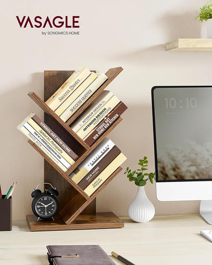 VASAGLE Tree Bookshelf, 5-Tier Bookcase, Small Bookshelf, Space-Saving Corner Shelf, Book Tree, Holds Books, CDs, Games, for Bedroom, Living Room, Home Office, Rustic Brown ULBC183X01