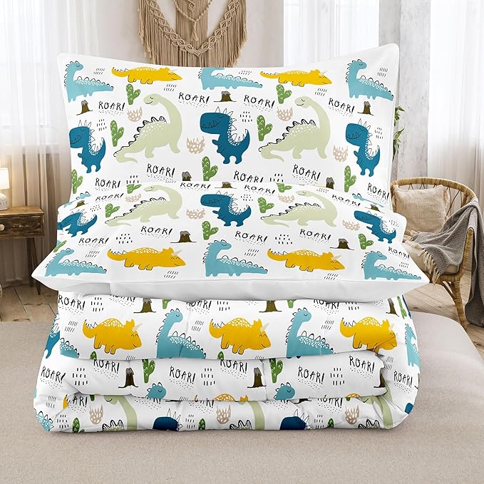 NINENINE Dinosaur Bedding Set for Kids,Queen Size Dinosaur Comforter Sets for kids boys,Blue Bedding Sets Cute Bed Set with 1 Comforter 2 Pillowcases