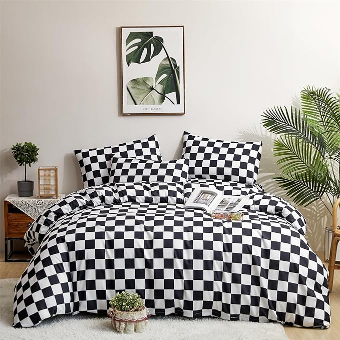 Wellboo Black White Plaid Comforter Sets California King Women Men Black and White Checkerboard Grid Bedding Comforters Cal King Cotton Boys Girls Modern Black Checkered Geometric Quilts Luxury White