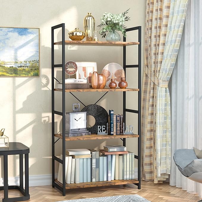 NUMENN 4 Tier Bookshelf, Tall Bookcase Shelf Storage Organizer, Modern Book Shelf for Bedroom, Living Room and Home Office, Vintage