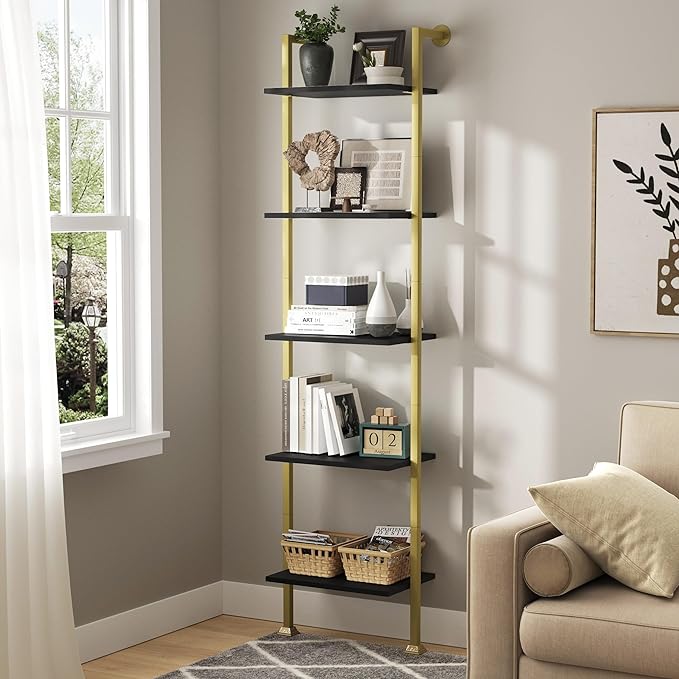 Axeman 5-Tier Ladder Bookcase, Tall Narrow Bookshelf for Small Spaces, Modern Book Storage Organizer Case Open Shelves for Bedroom, Living Room, Office, Library, Gold Metal Frame and Blakc Shelf
