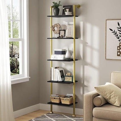 Axeman 5-Tier Ladder Bookcase, Tall Narrow Bookshelf for Small Spaces, Modern Book Storage Organizer Case Open Shelves for Bedroom, Living Room, Office, Library, Gold Metal Frame and Blakc Shelf