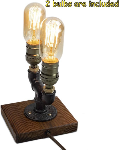 Steampunk Lamp with Dimmer, Dimmable Loft Style Industrial Vintage Antique Style Light with 2 Bulbs, Wood Base with Iron Piping Desk Lamp, Retro Desk Lamp LL-027