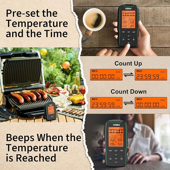 Wireless Meat Thermometer for Cooking, Digital Meat Thermometer with 4 Probes, 500FT Ultra Accurate & Fast Food Thermometer for Oven, Smoker, Green