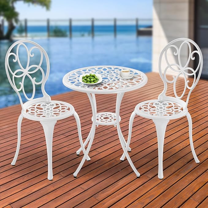 Patio Bistro Sets, Cast Aluminum Bistro Table and Chairs Set of 2 with Umbrella Hole, Bistro Set 3 Piece Outdoor, Metal Patio Furniture Set for Garden Porch, White
