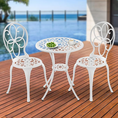 3 Piece Cast Aluminum White Bistro Set Outdoor Bistro Table and Chairs Set of 2,Metal Bistro Patio Table Set with Umbrella Hole,Patio furniture Set for Garden,Front Porch.