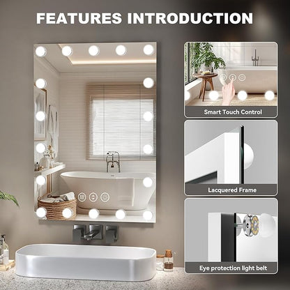 Hasipu LED Bathroom Mirror with Lights, 47" x 32" Hollywood Wall-Mounted Bathroom Mirror with 22 Dimmable Bulbs, 3 Colors Modes, Touch Control, Anti-Fog, Memory Function, Shatter-Proof, ETL Listed
