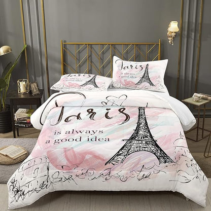 Bodhi Girls Comforter Bedding Set Queen,Pink Comforter Set for Girls,Paris Bedding Set,Girls Pink Bedding Set with Matching Pillowcase,Pink Girls Queen Size Bed Set,Eiffel Tower Bedding Set