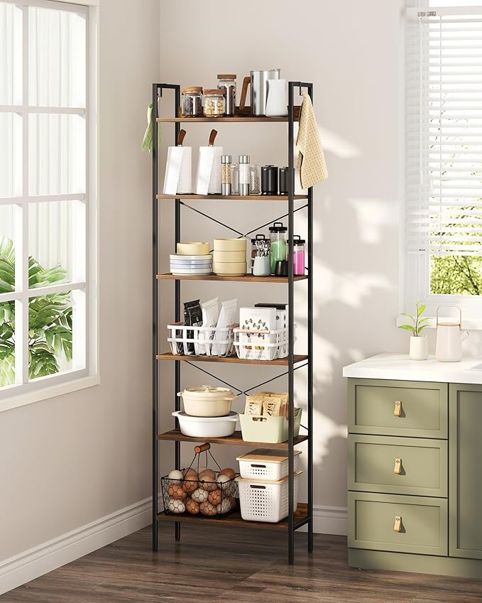 Bookshelf, Book Shelf, Industrial Bookcase with 2 Hooks, Coner Shelf Storage Organizer for Home Office, Living Room, Bedroom, Kitchen, 6-Tier Rustic Brown BC22701B