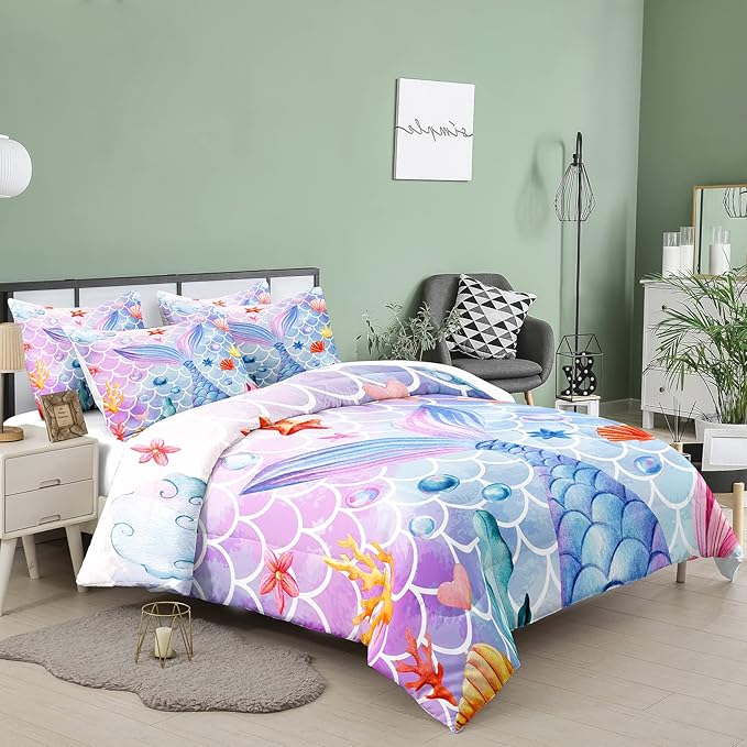 NINENINE Mermaid Bedding Sets,Girls Comforter Sets Queen, Princess Bedding Queen,Mermaid Comforter Ocean Fish Scales Bedding Sets with 1 Comforter 2Pillowcases