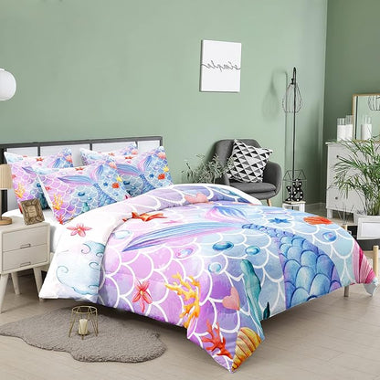 NINENINE Mermaid Comforter Sets,Full Size Girls Bedding Set,Girls Princess Comforter Sets Full Size,Colorful Ocean Fish Scales Comforter Set with 1 Comforter 2Pillowcases