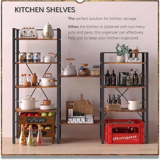 4NM Bookshelf 5 Tier Industrial Bookcase Home Office Adjustable Bookshelves Storage Shelves Organizer Vintage Book Shelf Display Rack for Living Room, Bedroom,Home- Rustic Brown