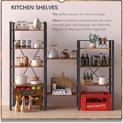 4NM Bookshelf 5 Tier Industrial Bookcase Home Office Adjustable Bookshelves Storage Shelves Organizer Vintage Book Shelf Display Rack for Living Room, Bedroom,Home- Rustic Brown