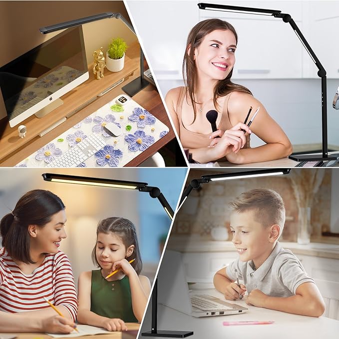 LED Desk Lamp with USB Charging Ports,Creative Touch Reading Light, with Memory Dual Light and Adjustable Swing Arm,15W 4 CCT Eye-Care Modes & 4 Brightness Levels Table Lamp for Home Office-Black