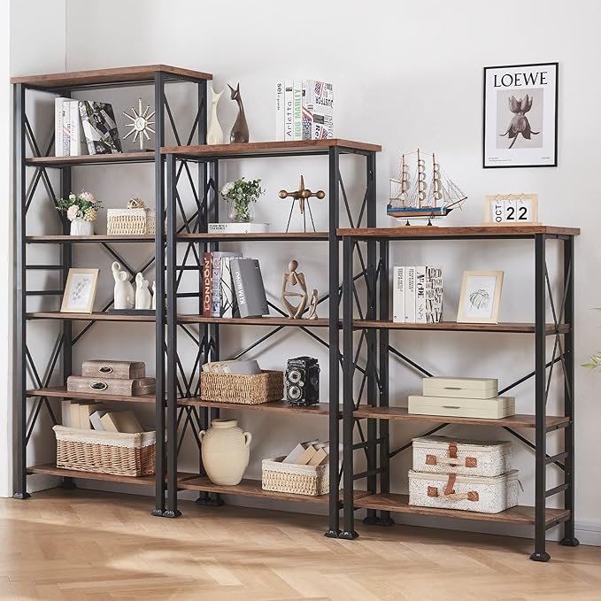 HOMBAZAAR Bookshelf, 4-Tier Industrial Bookshelf, Etagere Bookcases and Bookshelves, Tall Bookshelf Storage Organizer, Freestanding Bookshelf for Living Room, Bedroom and Home Office, Brown