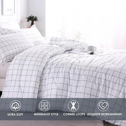 Andency White Grid Comforter Set King Size (104x90 Inch), 3 Pieces(1 Grid Comforter and 2 Pillowcases), Summer Lightweight Microfiber Down Alternative White Comforter with Black Lines