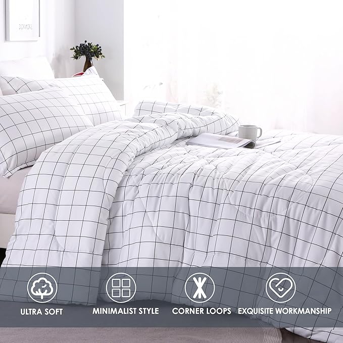 Andency White Grid Comforter Set Twin Size (66x90 Inch), 2 Pieces(1 Grid Comforter and 1 Pillowcase), Summer Lightweight Microfiber Down Alternative White Comforter with Black Lines for Kids Girls