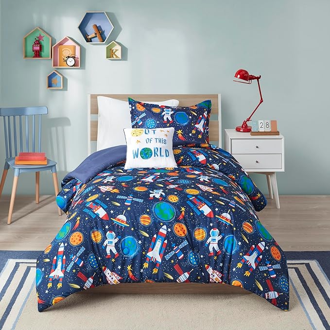 Mi Zone Kids Jason Cozy Comforter Outer Space Rocket Ships, Astronauts Print, All Season Cover, Hypoallergenic Bedding Set, Matching Sham, Decorative Pillow, Twin(66" Wx86 L), Multi 3 Piece