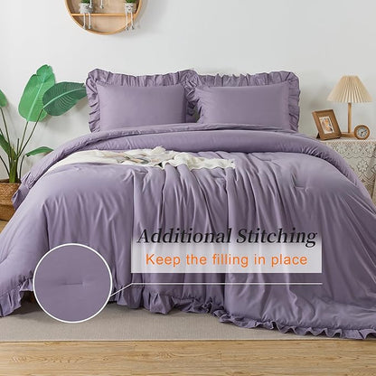 Andency Grayish Purple Comforter Set Full Size, 3 Pieces Lightweight Soft Rustic Ruffle Comforter Women Man, Solid Farmhouse Shabby Chic Microfiber Bedding Comforter Sets for All Season