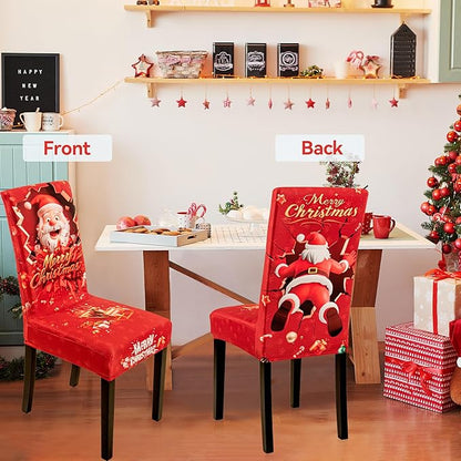 4PCS Christmas Dining Chair Covers Stretch Removable Washable Dining Room Chair Protector Slipcover 3D Print Santa Claus Deer Kitchen Chair Cover Slipcovers Protector for Xmas Holiday Party Home Décor