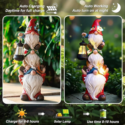 17 in Large Garden Gnome Statue with Solar Lights Sculptures Funny Triple Big Gnome Outdoor Patio Lawn Yard Balcony Garden Home Decor Gifts for Women Mom