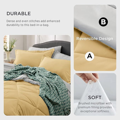 Bedsure Yellow California King Size Comforter Set - 7 Pieces Reversible Cal King Bed in a Bag California King Bed Set with Comforters, Sheets, Pillowcases & Shams,