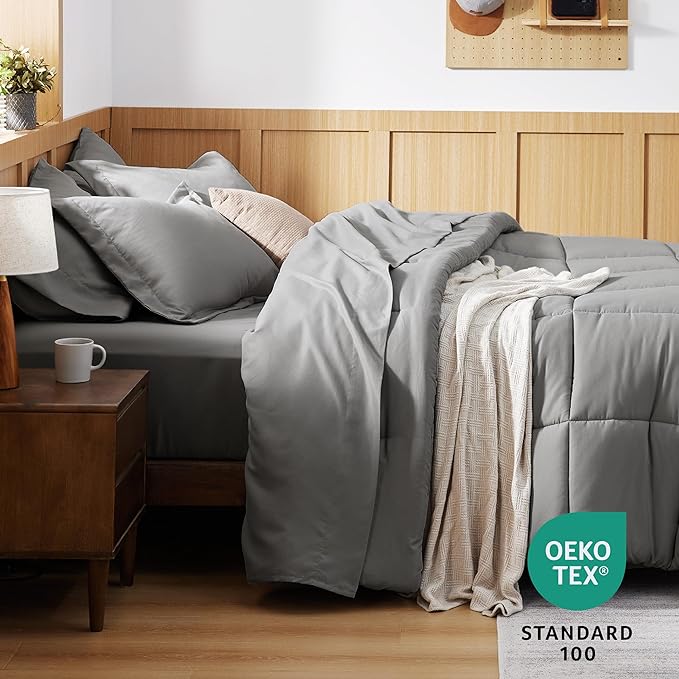 Bedsure King Size Comforter Set - 7 Pieces Solid King Bed Set, King Bed in a Bag Grey with Quilted Warm Fluffy Comforters, Sheets, Pillowcases & Shams