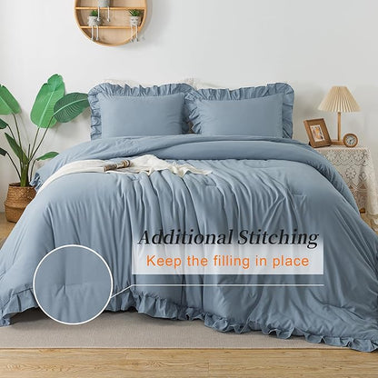 Andency Grayish Blue Queen Comforter Set(90x90Inch), 3 Pcs(1 Ruffle Comforter and 2 Pillowcases) Solid Bedding Comforter Sets for Queen Bed, Lightweight and Fluffy Soft Microfiber Bedding Set