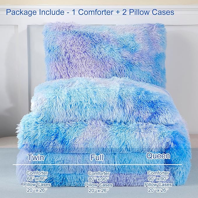 WINLIFE Shaggy Bedding Comforter Set Faux Fur Flannel Furry Comforter Microfiber Plush Comforter Sets Pastel Gradient Ombre Tie Dye MultiColor Bedding for Girls Adults (3Pcs, Twin, Purple Blue)