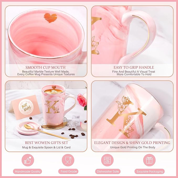Coffee Mugs - Personalized Gifts for Women, Initial Customized Ceramic Marble Cups 14 Oz Pink, Luxury Christmas Mother's Day Birthday Gift for Mom Grandma Girlfriend Friend Unique,K