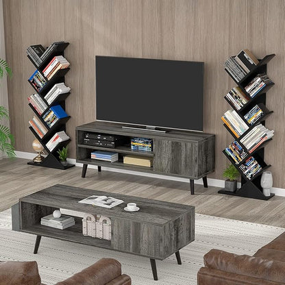 Topfurny Tree Bookshelf, 9-Tier Shelf Rustic Brown Bookcase, Retro Wood Storage Rack for CDs/Movies/Books, Anti-Fall Utility Organizer Shelves for Living Room, Bedroom, Home Office, Black