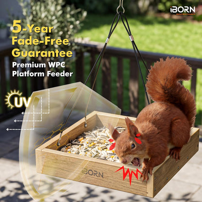iBorn Platform Bird Feeder Tray Bird Feeders for Outdoors Hanging for Outside Flat Birdfeeder Tray with Large Capacity 3LBS, WPC Recycled Plastic & Cedar Look, Waterproof, 10.6"x10.6", Raw