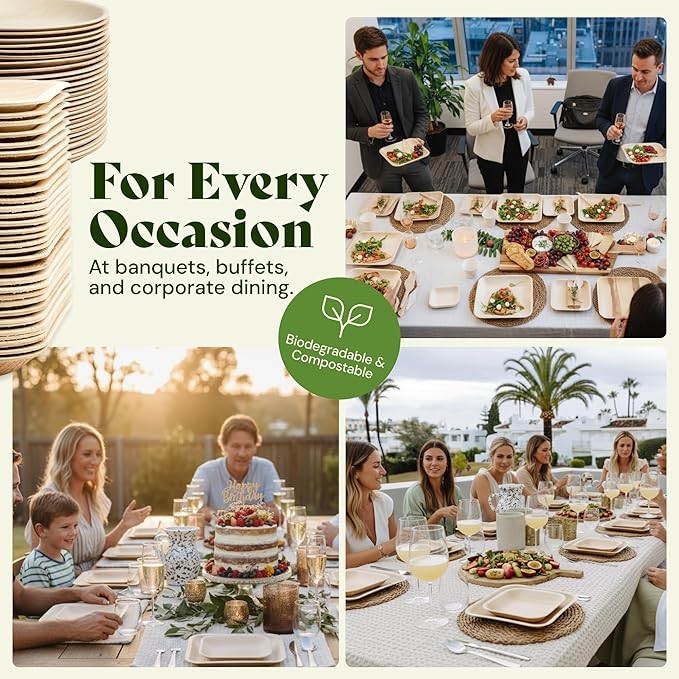 Chic Leaf Palm Leaf Bamboo Plates - 9-Inch Square, Pack of 50 - Eco-Friendly Compostable Platters - Microwave-Safe Disposable Plates - Durable Party Dishware