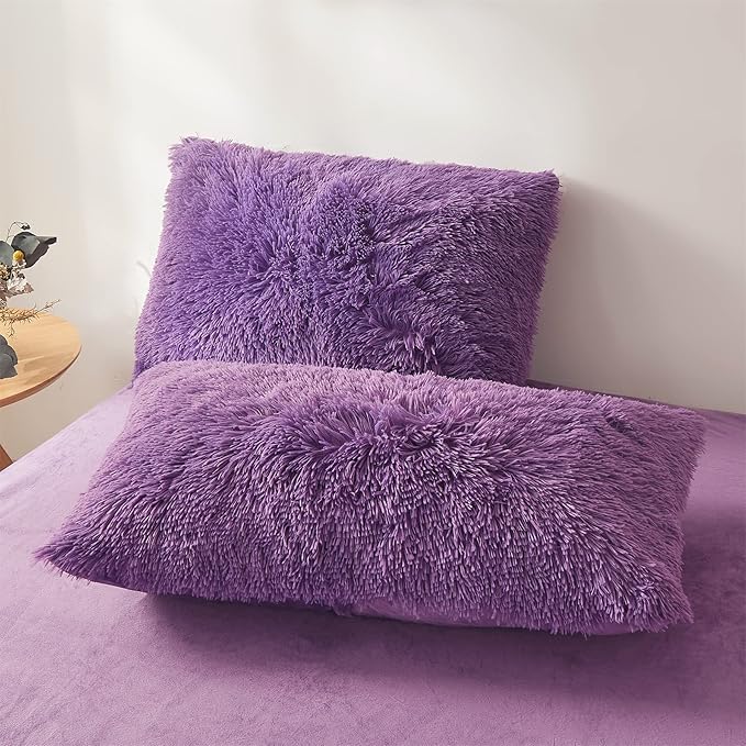 FOPPA Dark Purple Faux Fur Comforter Cover Set Ultra Soft Plush Bedding Sets 3 Pieces (1 Faux Fur Duvet Cover + 2 Faux Fur Pillow case) Zipper Closure (Queen, Dark Purple)