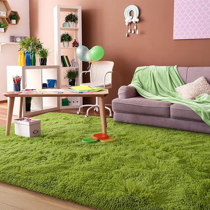 Super Soft Fluffy Shaggy Rugs for Living Room Bedroom, Fuzzy Plush Area Rugs for Girls Kids Room Nursery Home Decor, Furry Dorm Rug Cute Non-Slip Indoor Floor Carpet 4x5.9 Feet, Green
