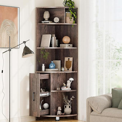 6 Tier Corner Shelf with Drawer, Corner Bookshelf and Corner Bookcase Corner Display Storage Cabinet Stand for Living Room, Bedroom, Office, Small Space, Black Walnut