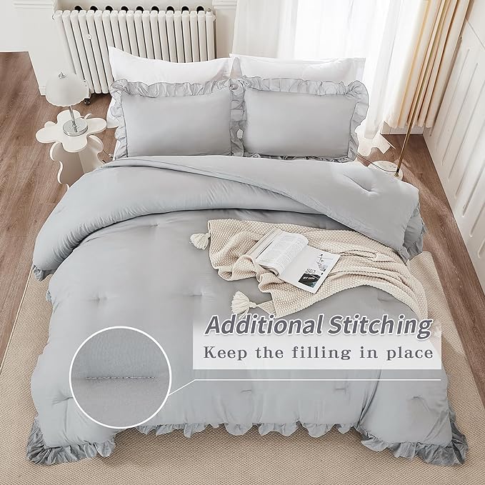 Andency Silver Gray Comforter Set California King Size, 3 Pieces Vintage Shabby Ruffle Bedding Comforter Sets for Cal King Bed, Lightweight Fluffy Soft Microfiber Farmhouse Comforter Set