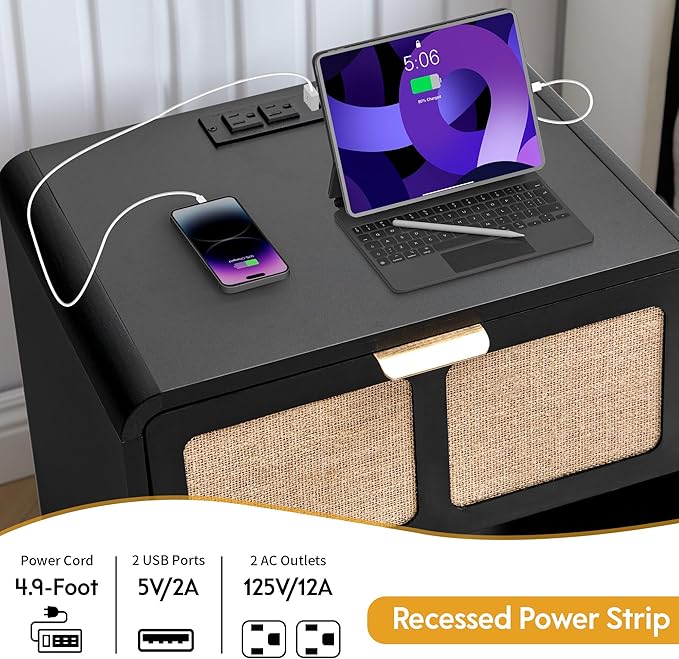 LEVNARY Nightstand with Charging Station, Mid-Century Modern Bedside Table with Curved Top Corners and Fabric-Like Textured Drawer, Wooden End Table for Farmhouse Bedroom Living Room (1, Black)